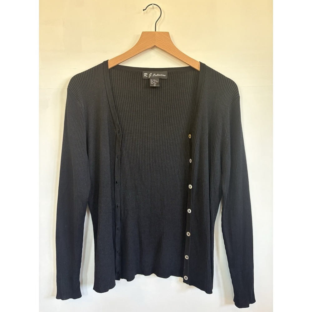 VTG 90s R.J. Collection Black L Ribbed Knit Cardigan Crew neck Minimalist Grunge